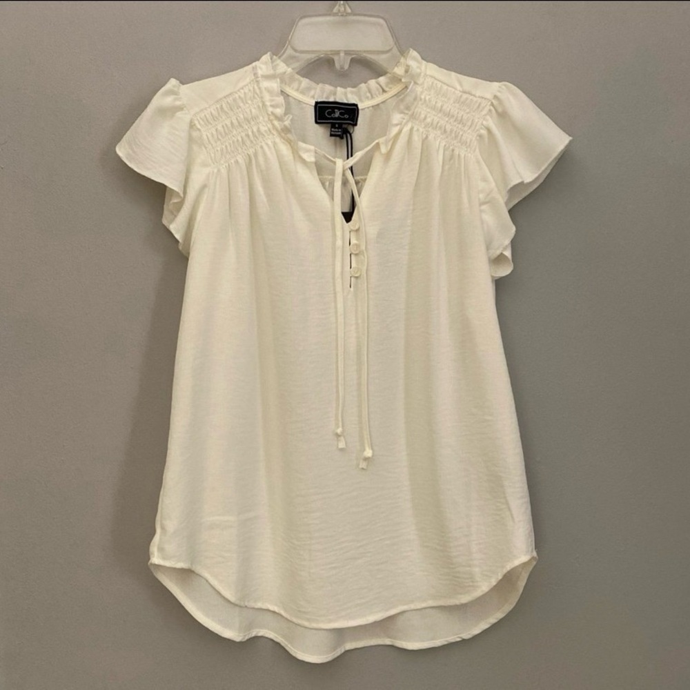 NWT CoTilCo COFFEE TIL COCKTAILS Off-White Ruffle Sleeves Tie Neck Blouse Top S
